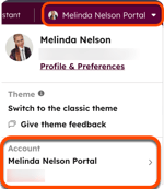 Top right of the account and menu showing account name.