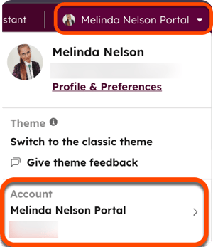 Top right of the account and menu showing account name.