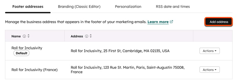 Screenshot of the "Footer addresses" section of marketing email settings. The "Add address" button in the top right is highlighted.