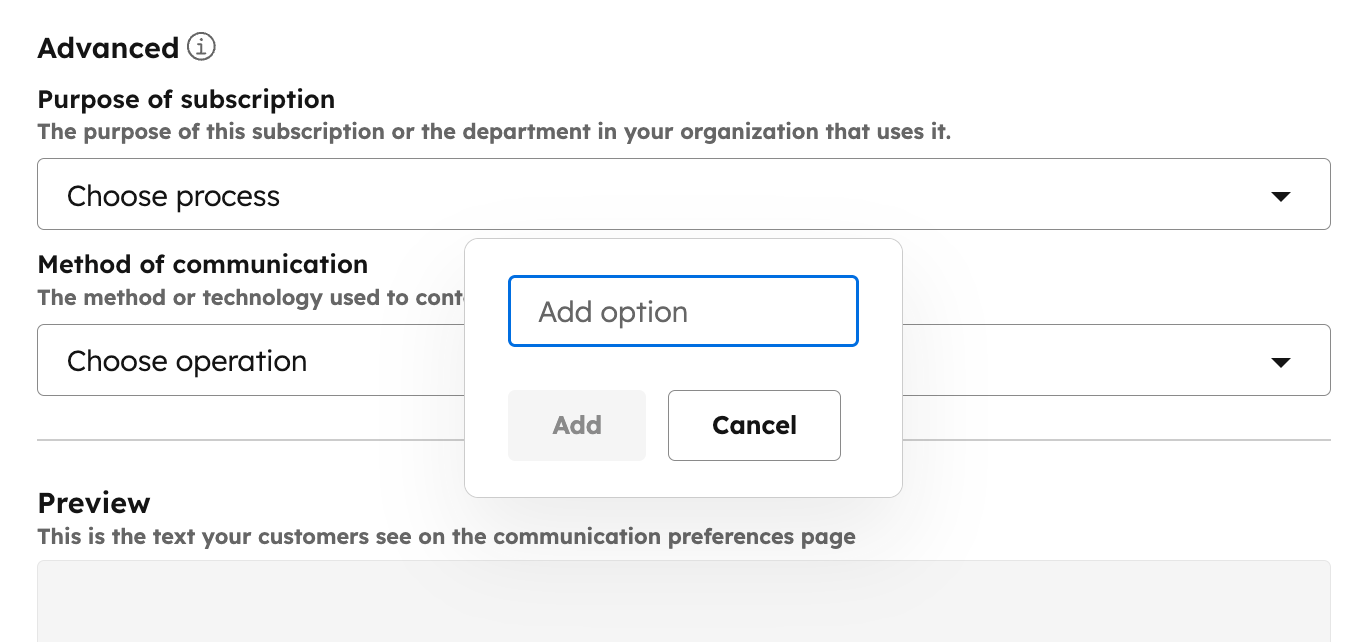 Screenshot des rechten Bereichs zum Erstellen eines Abonnementtyps. Das Pop-up-Feld zum Hinzufügen einer benutzerdefinierten Zweckoption wird angezeigt.
