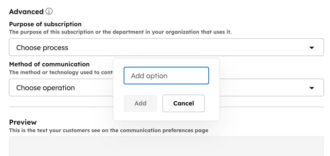 Screenshot of the right panel for creating a subscription type. The pop-up box to add a custom purpose option appears.