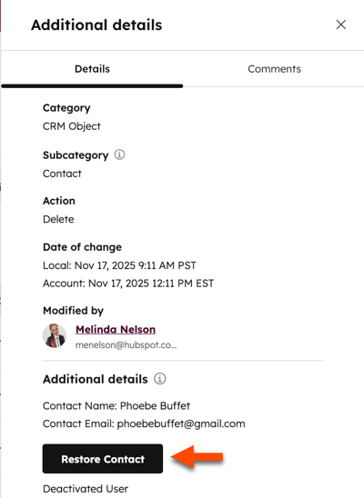 Additional details panel with a restore contact button.