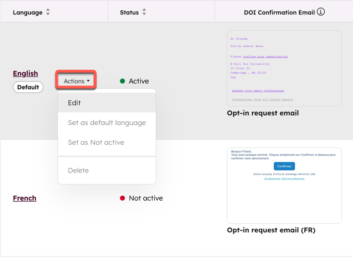 Screenshot of the double opt-in settings page. The "Actions" dropdown menu next to the English language is highlighted.