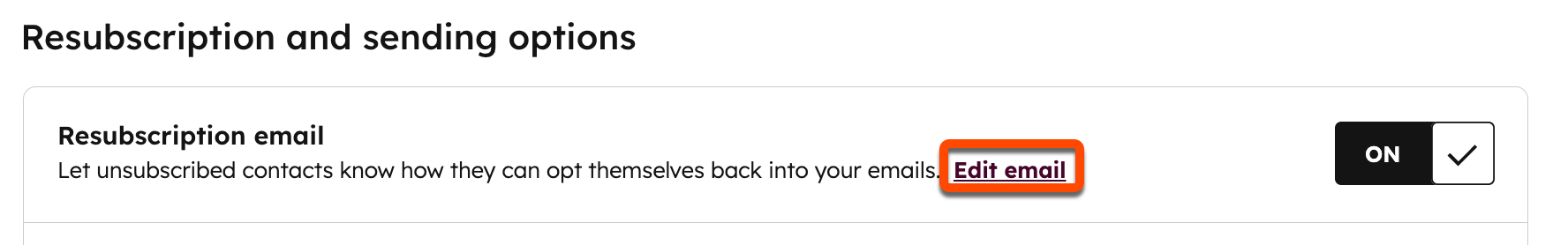 Screenshot of the "Resubscription and sending options" section of email subscription settings. The "Edit email" button is highlighted.