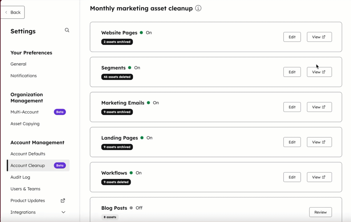 Click Edit to edit monthly marketing asset cleanup, then you can toggle off the setting.