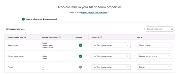 Screenshot of the Map columns screen showing team import fields mapped to team properties with green checkmarks and no errors found.