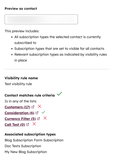 Screenshot of the preview screen for a specific contact for a specific visibility rule.