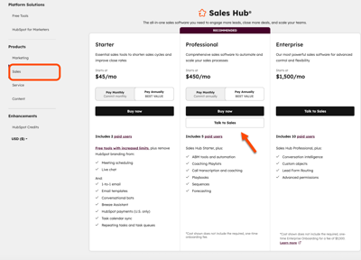 Pricing page with buy now and talk to sales buttons.