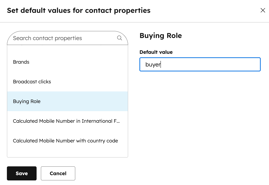 Screenshot of the dialog box where you can set default values for personalization tokens. The "Buying Role" property is selected in the left column default value is set in the right column.