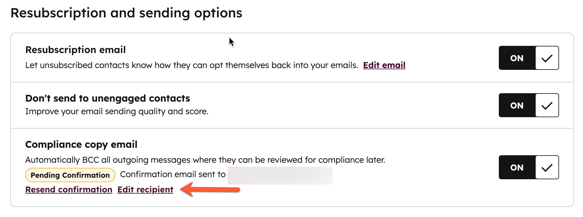 Screenshot of the "Subscriptions" tab of Marketing email settings. Under "Compliance copy email," the "Edit recipient" button is indicated with an arrow.