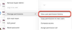 Manage permissions dropdown with optoin to click View user permission history.