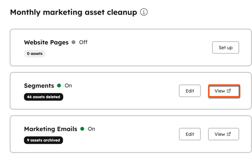 Monthly marketing asset cleanup section, click View to view any assets that were already cleaned up.