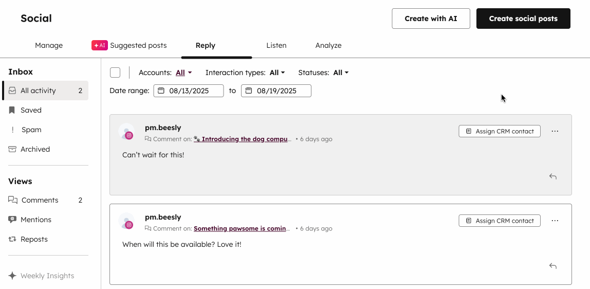 A gif showing the steps to assign a social profile to an existing contact.