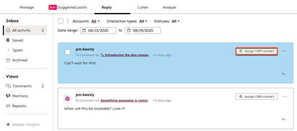 The social reply tool, displaying social interactions and the option to assign a contact record a social profile.