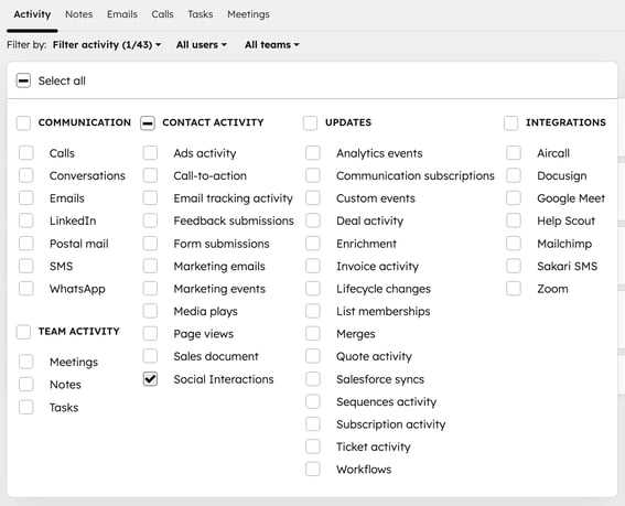 A contact timeline, displaying the option to filter timeline activity, highlighting social interactions.