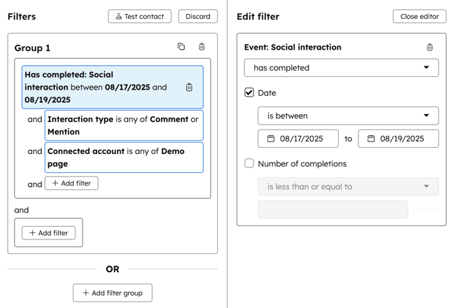 A contact list, displaying filters based on social interactions, the interaction type, and the connected account.