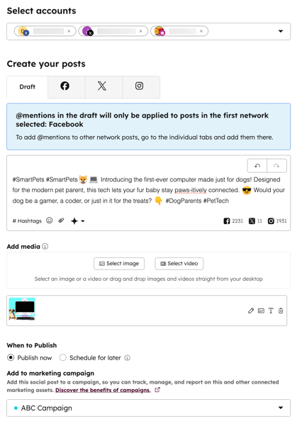 Social composer showing options to draft a social post for multiple social accounts.