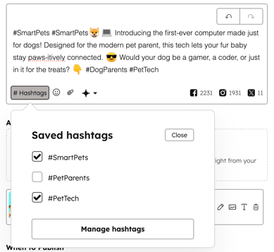 Social composer showing options to save and manage hashtags.
