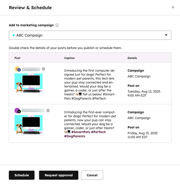 The social composer, showing options to review and schedule social posts for multiple social networks.