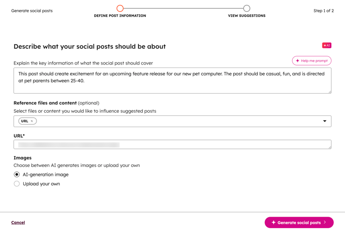 Social post creation with AI, displaying the step to define your social post with prompts.
