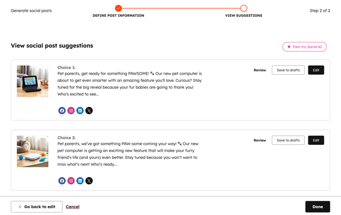Social post creation with AI, displaying the step to review social post suggestions.