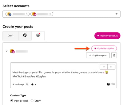 El Creador de contenido para redes sociales, que muestra la opción de optimizar el pie de foto de tus publicaciones en redes sociales.