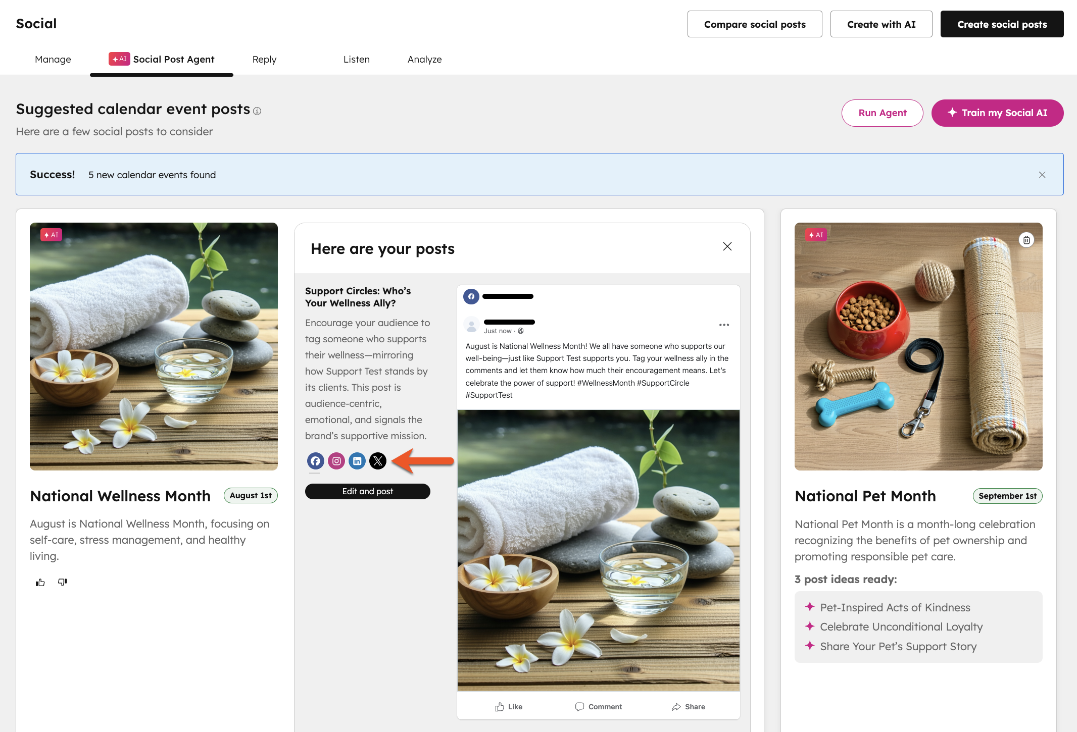 Social post agent suggested posts, highlighting social network icons to toggle between recommended content for each network.