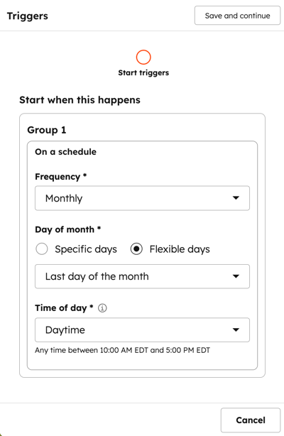 Social post agent automation, showing settings to add a trigger based on a schedule. Settings include frequency, day of month, and time of day.