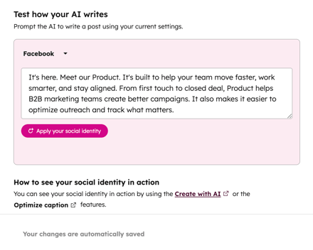 The social identity tool, showing a test prompt with sample text and the option to apply your social identity.