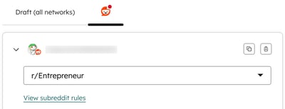 The social composer, displaying the option to select a subreddit when creating a Reddit post.