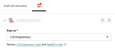 The social composer, displaying the option to select a subreddit when creating a Reddit post.
