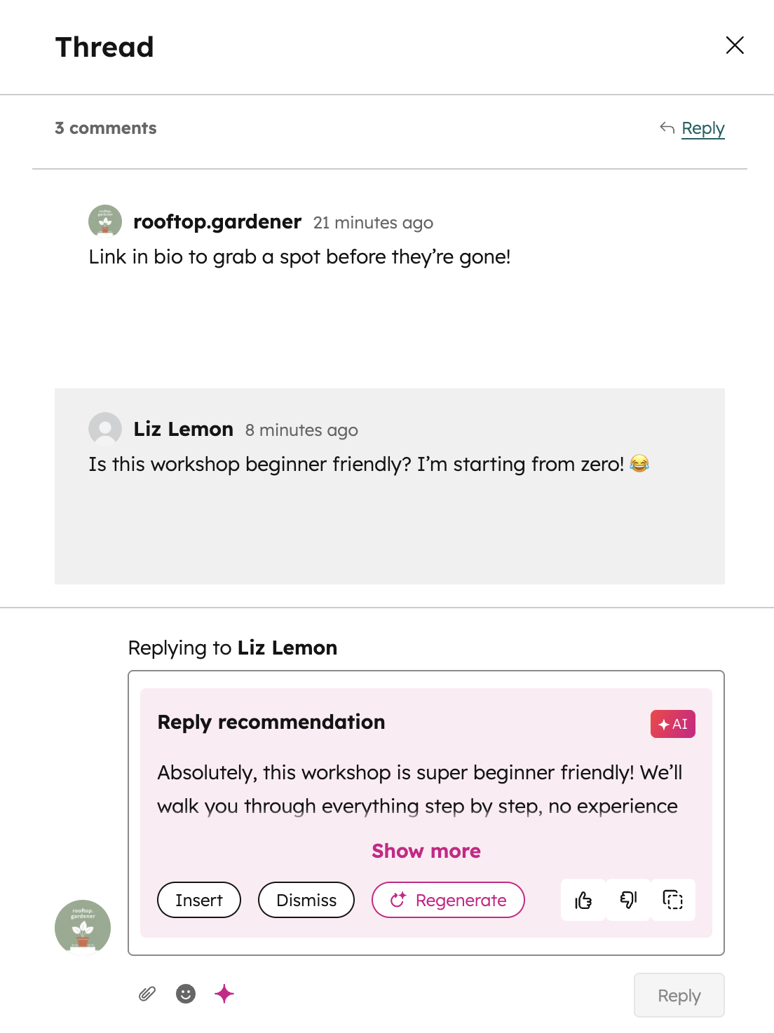 A social post's comment thread, displaying a reply recommendation.