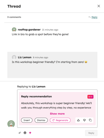 A social post's comment thread, displaying a reply recommendation.
