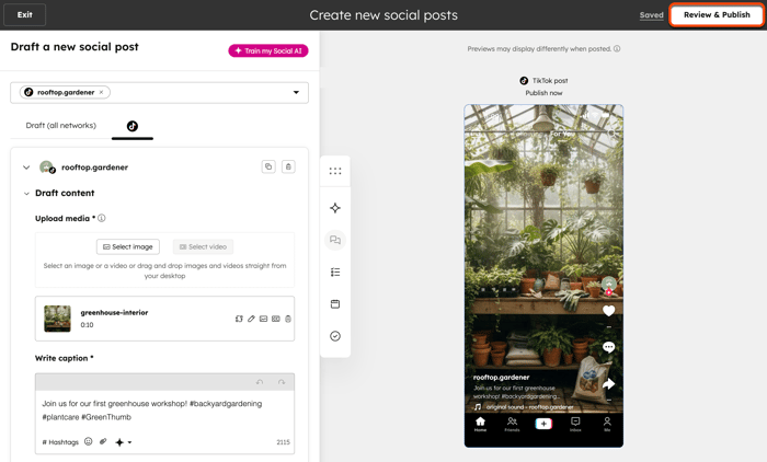 The social composer, displaying a video post for TikTok.