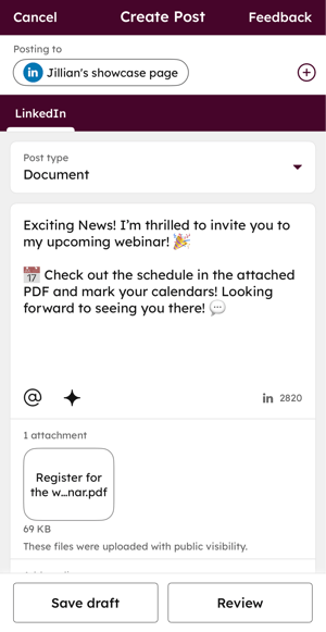 The social composer displaying a document post for LinkedIn on the HubSpot mobile app.