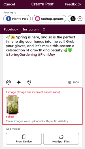 The social composer displaying an alert that the social post image has an incorrect aspect ratio.