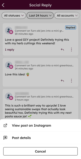The social reply tool on the HubSpot mobile app, displaying the options to View post on Instagram or Post details.