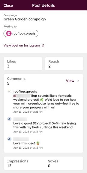 The social tool on the HubSpot mobile app, displaying likes, reach, comments, impressions, and saves of a published post.