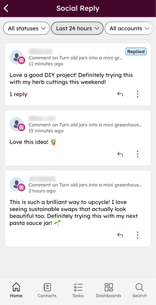 The social reply tool on the HubSpot mobile app, showing replies to a social post in the last 24 hours.