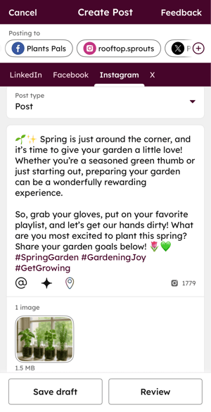 The social composer displaying the options to save or review a drafted post on the HubSpot mobile app.