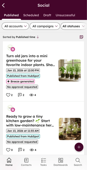 The social tool on the HubSpot mobile app, displaying published social posts.