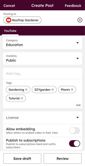 The social composer on the HubSpot mobile app, displaying YouTube video settings, including the category, visibility, tags, and license. Toggles to allow embedding and publish to subscriptions are also included.