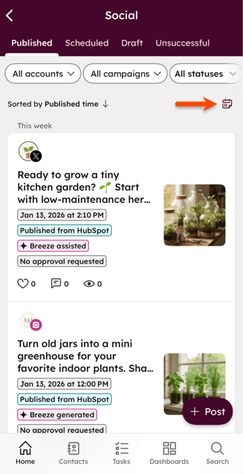 The social tool on the HubSpot mobile app, highlighting the option to view social posts in the calendar view.