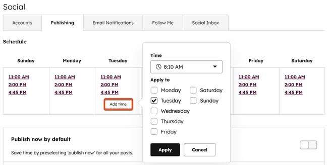 A screenshot of social scheduling settings. A weekly schedule displays several pre-set daily publishing times with the option to “Add time” highlighted. A popup menu for adding a custom time is open, set to 8:10 AM and selected to apply to Tuesday.