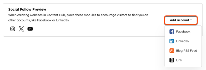 社交账户关注设置，显示为每个社交网络设置社交关注链接的选项。
