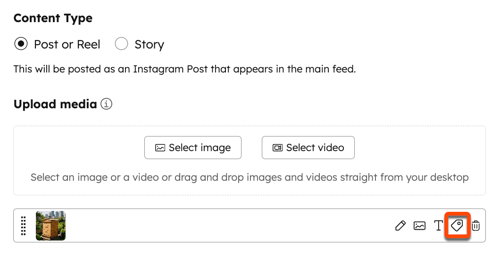 The social composer media section, highlighting the icon to add a tag.