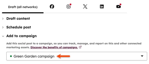 The social composer, displaying the option to add social posts to a marketing campaign.