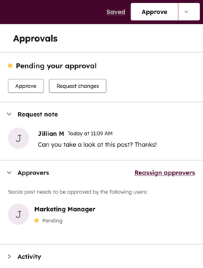 Approvals panel of a social post showing "Pending your approval," with "Approve" and "Request changes" buttons available for the user.
