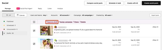 Screenshot of the social tool showing a list of social post drafts, with the 'Approve draft' option highlighted.
