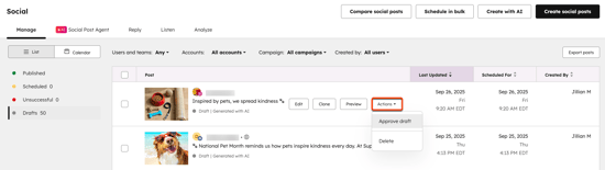Screenshot of the social tool showing the 'Actions' dropdown menu for a social post draft, with 'Approve draft' selected.